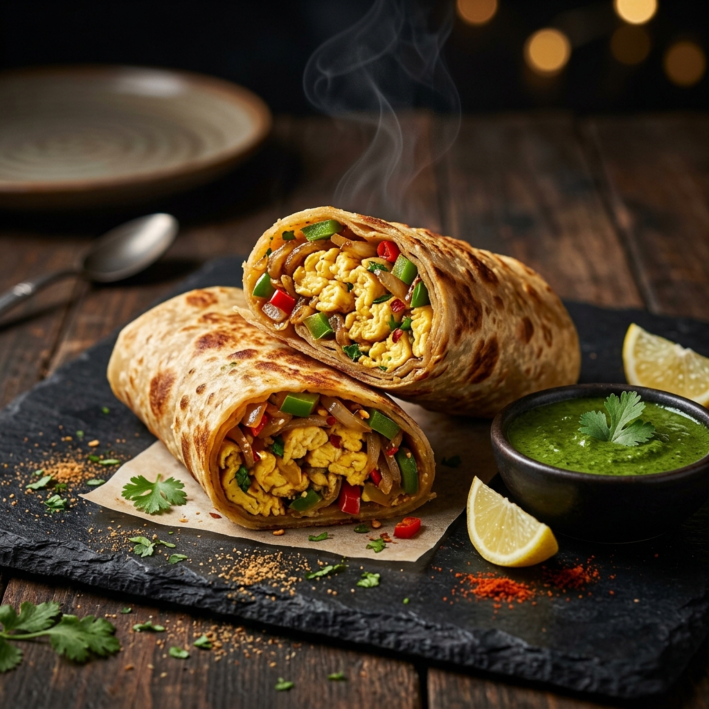 PROSA Chapathi Egg Roll cut in half showing egg filling