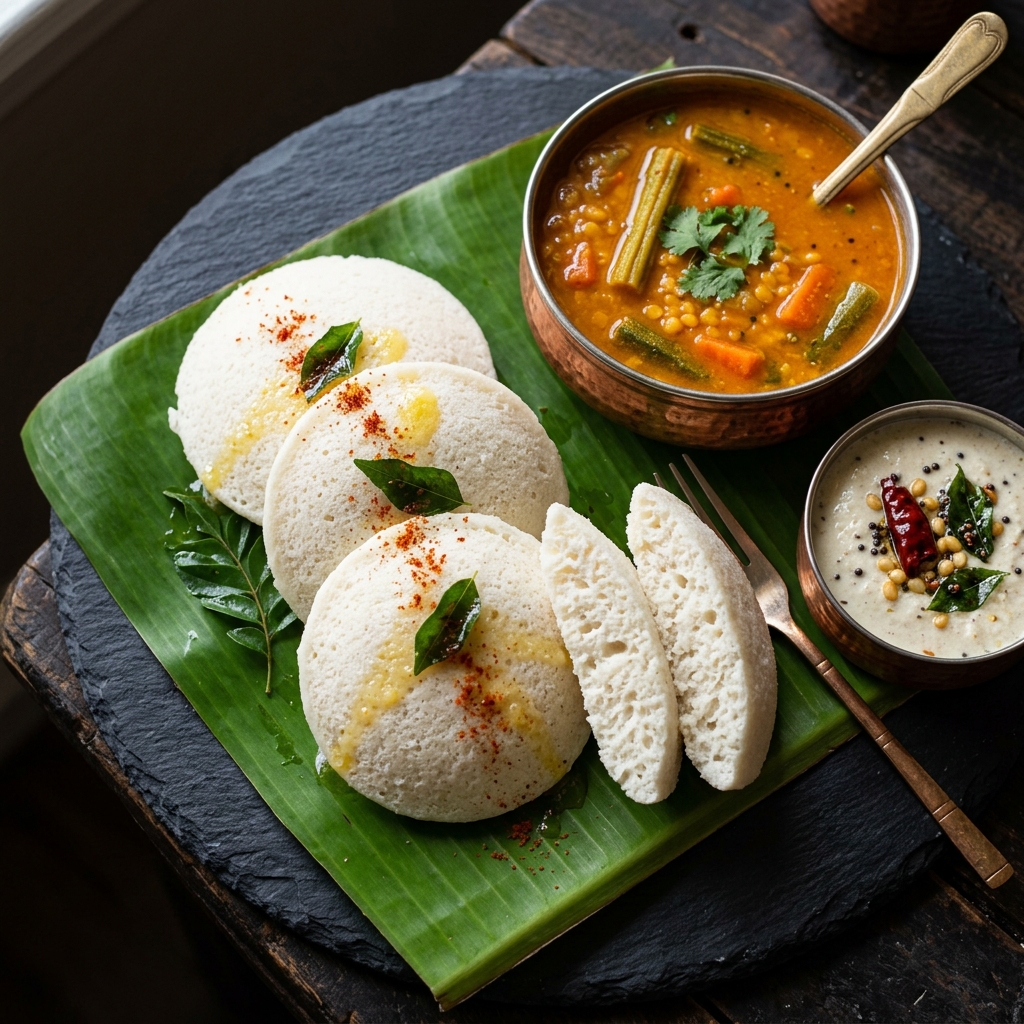 Soft steamed PROSA Idlis on banana leaf with sambar and chutney