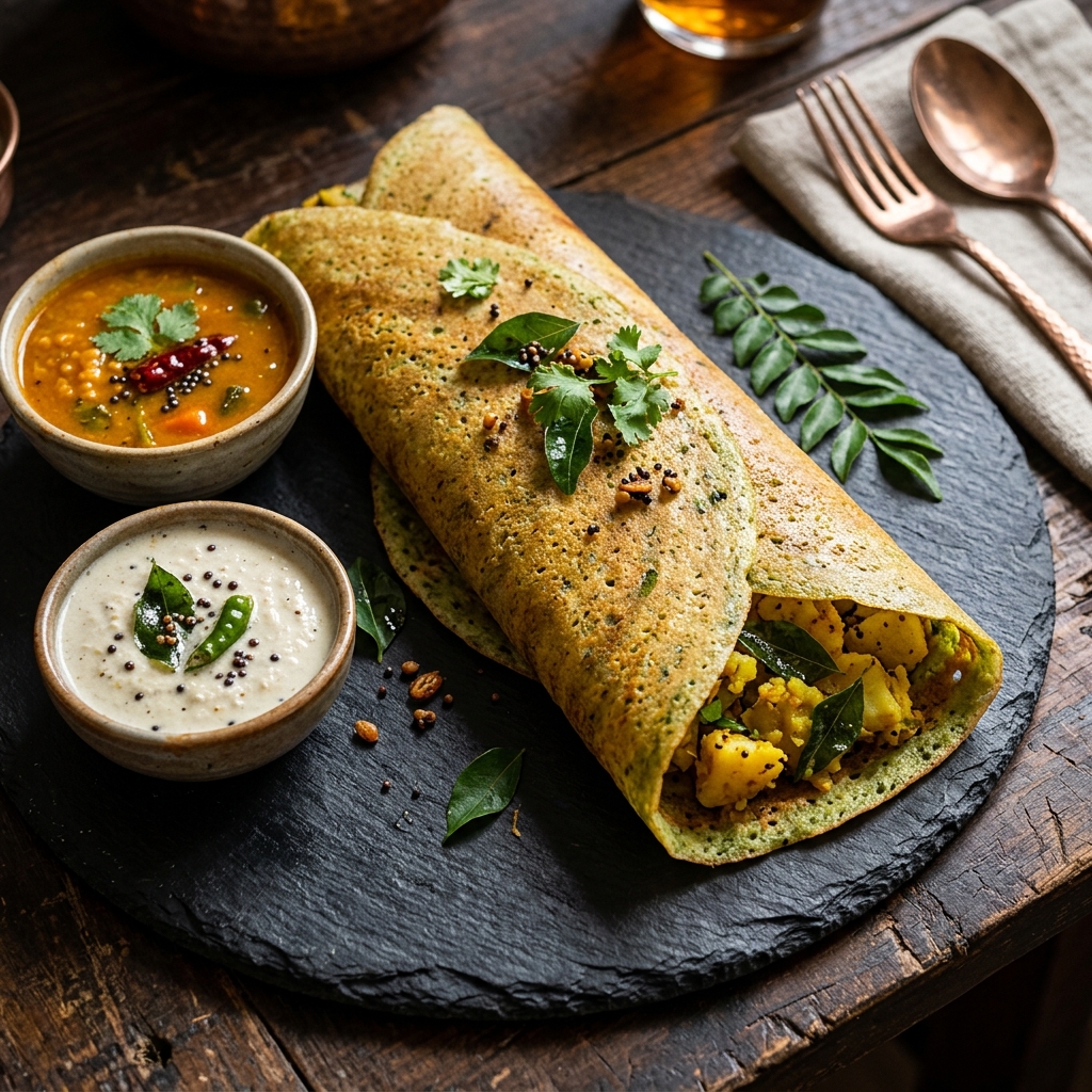 Golden crispy PROSA Masala Dosa with potato filling and chutneys