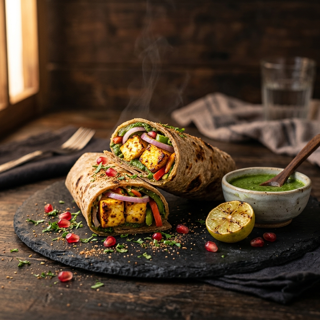 PROSA Chapathi Paneer Roll cut in half showing golden paneer filling
