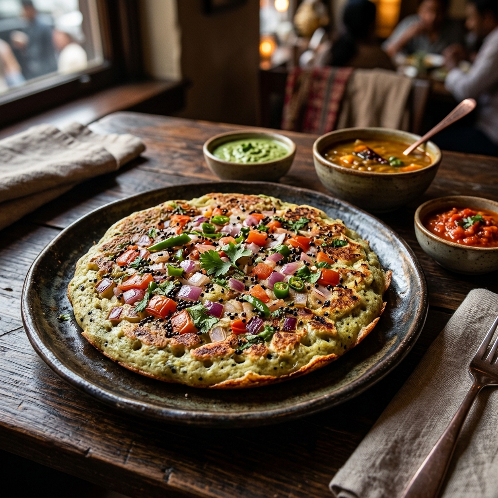 Thick PROSA Uthappam with colourful vegetable toppings